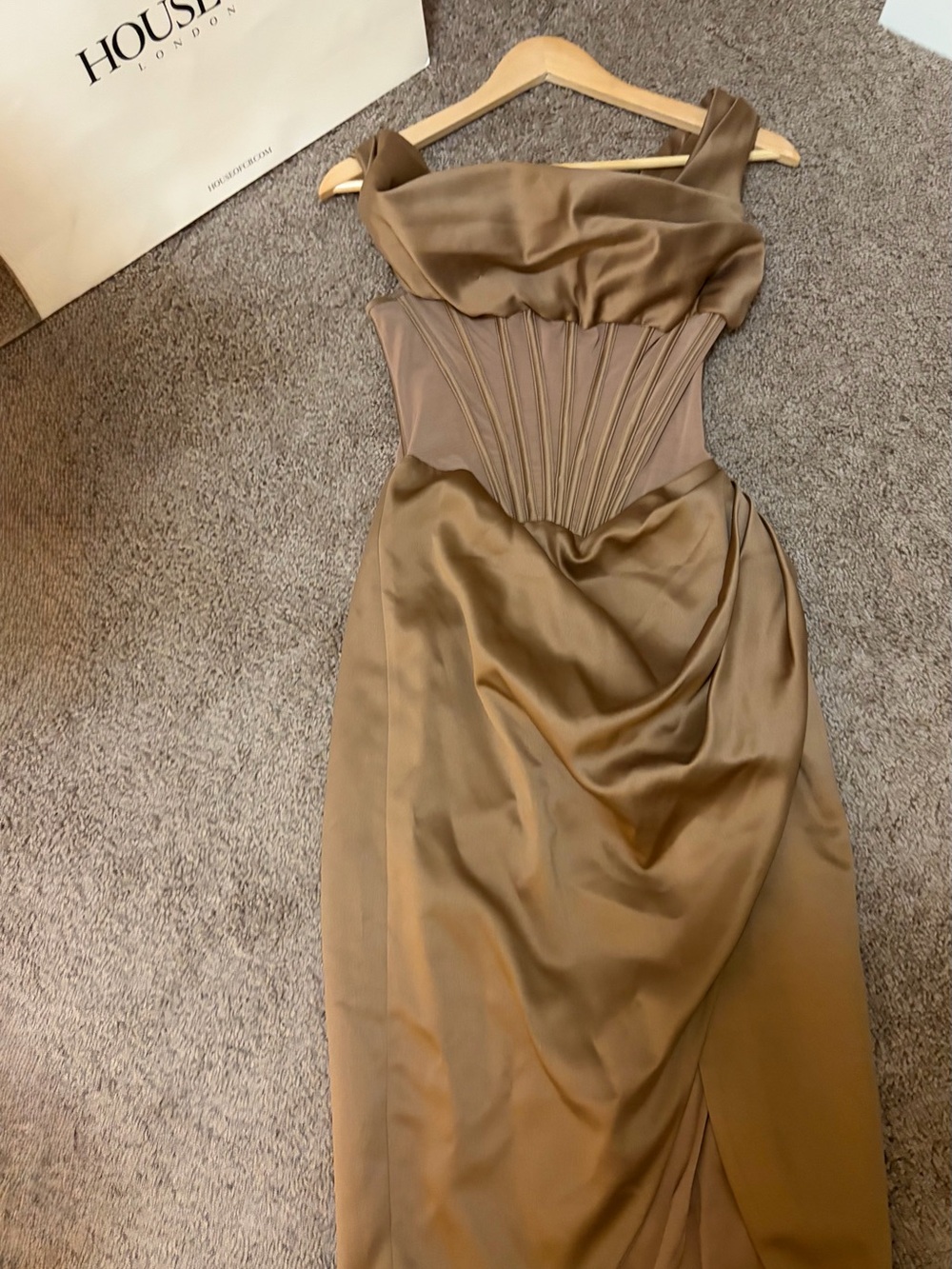 House of CB Lulu Toffee Asymmetric Drape Midi Corset Dress -S - Picture 10 of 15